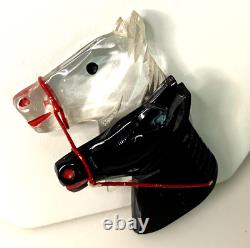 Vintage 1950's BLACK BAKELITE & LUCITE PAIR OF HORSE HEAD PIN PRISTINE CONDITION