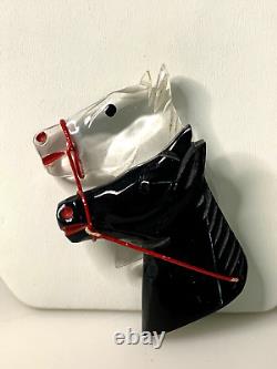 Vintage 1950's BLACK BAKELITE & LUCITE PAIR OF HORSE HEAD PIN PRISTINE CONDITION