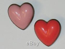 Vintage 2 Puff Heart Bakelite Pin Brooch Pink Coral Gold Tone Costume Jewelry