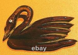 Vintage 30s Appple Juice Bakelite Google Eye Swan Wood Brooch Pin 3-1/8