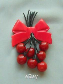 Vintage 40's Bakelite 7 Cherries Ribbon/Bow Pin Repurpose