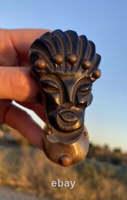 Vintage 40's Tribal Face Brooch Bakelite Era Pin Elzac Head Ebony Wood Horn