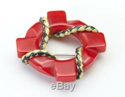 Vintage 40s Bakelite Red Life Preserver Buoy Nautical Brooch Pin Leather Rope