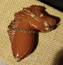 Vintage Amber Bakelite Horse Head Brooch Pin With Bridle Western Americana