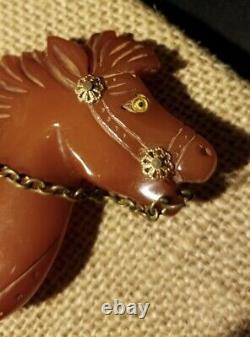 Vintage Amber Bakelite Horse Head Brooch Pin With Bridle Western Americana
