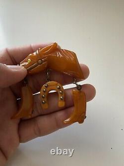 Vintage Amber Butterscotch Bakelite Horse Head Pin Brooch