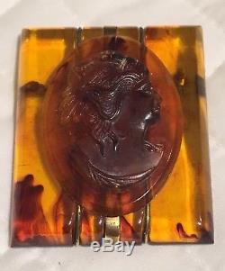 Vintage Amber Coloured Brass Detail Bakelite Cameo Brooch Pin Immaculate