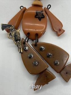 Vintage Antique Bakelite Articulated Sheriff Deputy Cowboy Pin Brooch