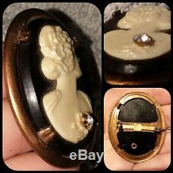 Vintage Antique Victorian Diamond Carved Cameo Mori Pin Onyx Steampunk gothic +