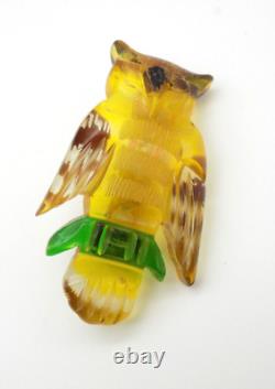 Vintage Apple Juice Bakelite Carved Owl on Branch Brooch Pin Colored