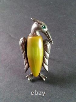 Vintage Art Deco Bakelite Brooch Figural Bird Pin Vtg Silver Tone C Clasp Green