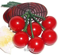 Vintage Art Deco Bakelite Carved Slice of Wood 6 Red Cherries Bunch Brooch Pin