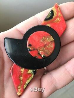 Vintage Art Deco Black Red End Of Day Abstract Marbled Bakelite Pin Brooch