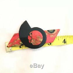 Vintage Art Deco Black Red End Of Day Abstract Marbled Bakelite Pin Brooch