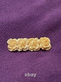 Vintage Art Deco Carved Yellow Ivory Celluloid/Bakelite 4 Rose Pin Brooch Great