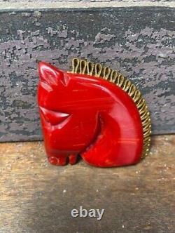Vintage Art Deco Cherry Red Bakelite Carved Horse Head with Metal Mane Pin Brooch