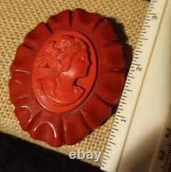 Vintage Art Deco Cherry Red Deeply Carved Bakelite Celluloid Cameo Brooch Pin 3