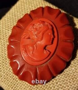 Vintage Art Deco Cherry Red Deeply Carved Bakelite Celluloid Cameo Brooch Pin 3
