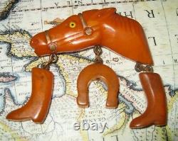 Vintage BAKELITE Butterscotch Figural Horse Dangle Charms Boots Brooch Pin