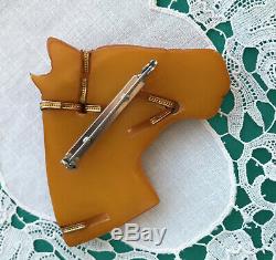 Vintage BAKELITE Carved HORSE Head Pin Brooch BOOK Pc Glass Eye Butterscotch EVC