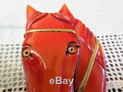 Vintage BAKELITE Carved Red Overdyed HORSE HEAD Estate Brooch PinRARE