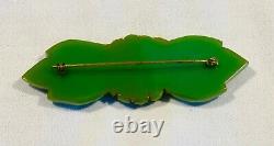 Vintage BAKELITE Olive Green Heavily Carved Berry & Leaf Pin3 1/2 X 1 1/4