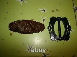 Vintage BAKELITE Plastic Carved Bracelet Bangle Pin Belt Clip LOT Green Brown