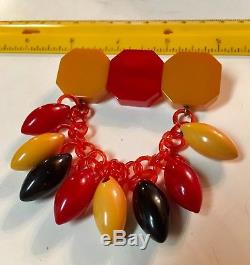 Vintage BAKELITE Red & Butterscotch & Black Dangling on Amber chain PIN / BROOCH