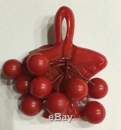 Vintage BAKELITE Red Carved Basket With Cherries Art Deco Era Pin Brooch