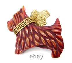Vintage BAKELITE Scottish Terrier SCOTTY Dog Gold Bow Pin Red Amber Carved