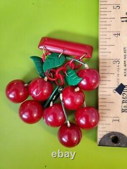 Vintage BAkelite Cherries Brooch Pin Celluloid Chain 8 Cherries/4 Green Leaves