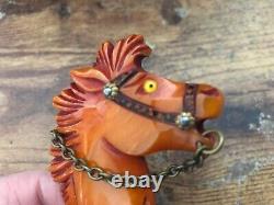 Vintage BUTTERSCOTCH BAKELITE Horse Brooch Pin with Glass Eye Metal Reigns