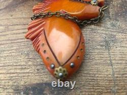 Vintage BUTTERSCOTCH BAKELITE Horse Brooch Pin with Glass Eye Metal Reigns
