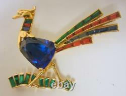Vintage Baguettes Sparkling Blue Green Red Rhinestone Exotic Bird Pin Brooch