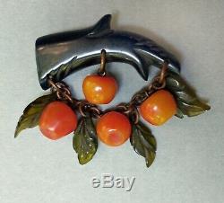 Vintage Bakelite, 30s-40s, apples, leaves, branch, dangling, brooch pin, France