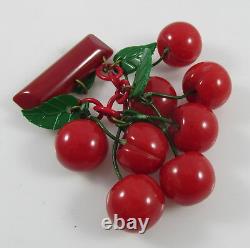 Vintage Bakelite 8 Carved Bright Red Marbled Cherries Dangling Pin Brooch