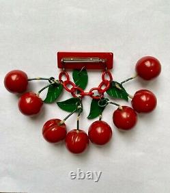 Vintage Bakelite 8 Carved Red Cherry 5 Green Carved Leaves Pin Dangle Womens