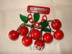Vintage Bakelite 8 Large Red Carved Cherries Bar Pin 1940's All Original 1940's