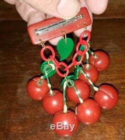 Vintage Bakelite 8 Red Carved Cherries Dangle Pin Brooch