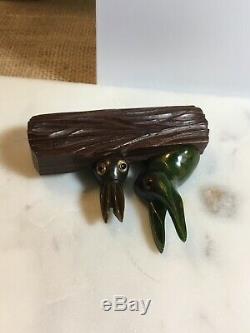 Vintage Bakelite And Wood Carved Bunny Rabbits Pin Simichrome Tested Antique