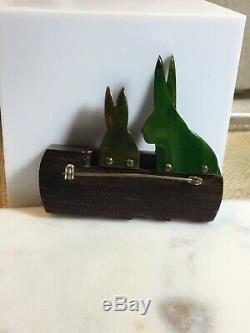Vintage Bakelite And Wood Carved Bunny Rabbits Pin Simichrome Tested Antique
