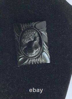 Vintage Bakelite Black Cameo Thick Carved Stunning Estate Jewelry Pin Brooch