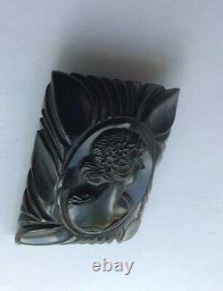 Vintage Bakelite Black Cameo Thick Carved Stunning Estate Jewelry Pin Brooch