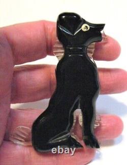Vintage Bakelite Black Clear Dog Large Pin Brooch 2 X 2 3/4 Inches