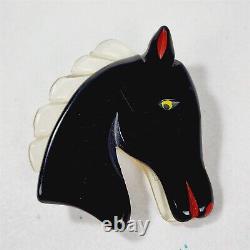 Vintage Bakelite Black Horse Head Clear Lucite Mane Snap Button Chain Brooch