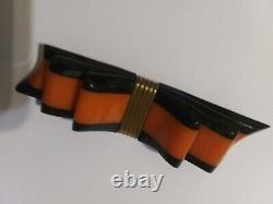 Vintage Bakelite Black & Orange Striped Ribbon Bow Pin 1940s