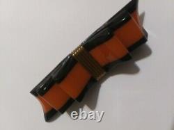 Vintage Bakelite Black & Orange Striped Ribbon Bow Pin 1940s
