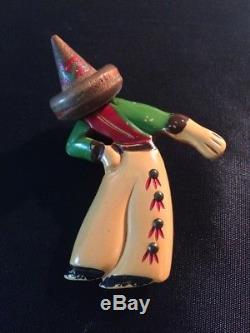 Vintage Bakelite Bowing Mexican Man Pin With Wood Hat. Excellent Condition
