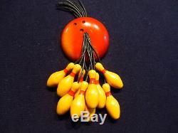 Vintage Bakelite Bowling Brooch Over-Dyed Root Beer with Ten Pins Dated 1942