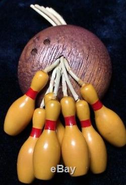 Vintage Bakelite Bowling Pins Hanging from a Wooden Bowling Ball Pin/Brooch